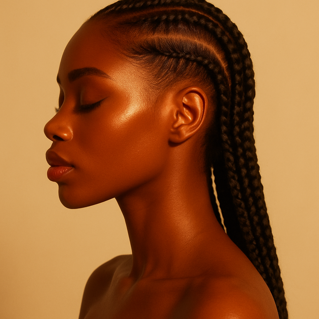 Profile portrait of a Black woman with braids in warm golden light