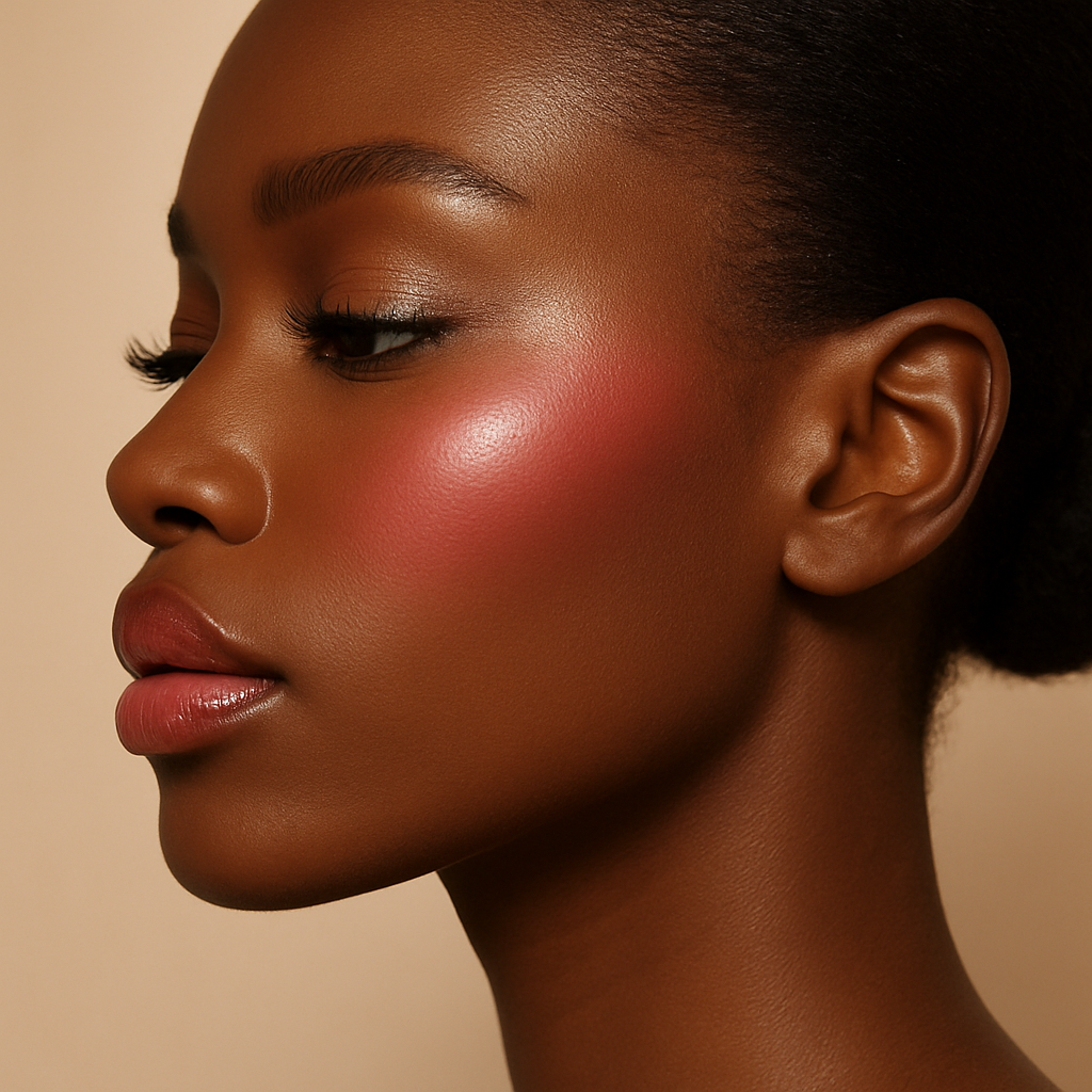 Side profile beauty close-up with glowing skin and glossy lips
