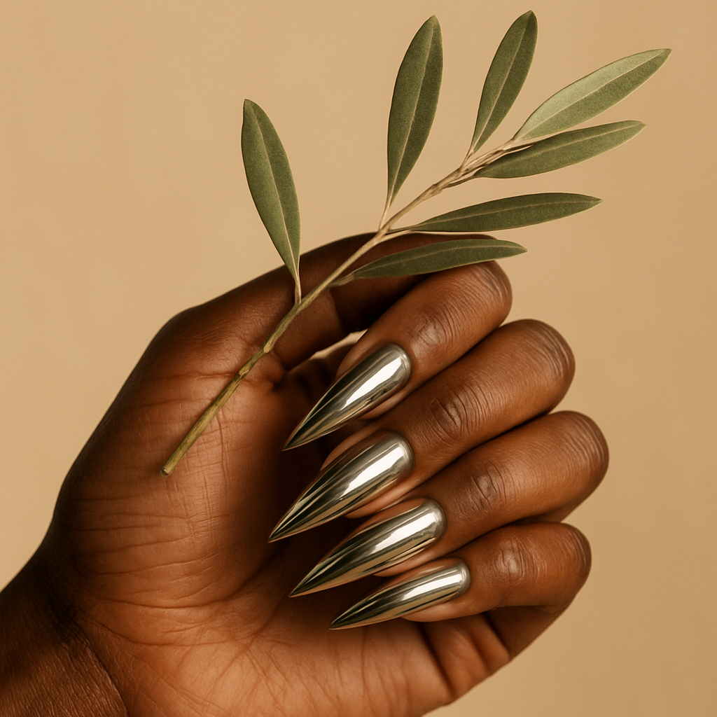 Close-up of a hand with chrome stiletto nails holding an olive branch