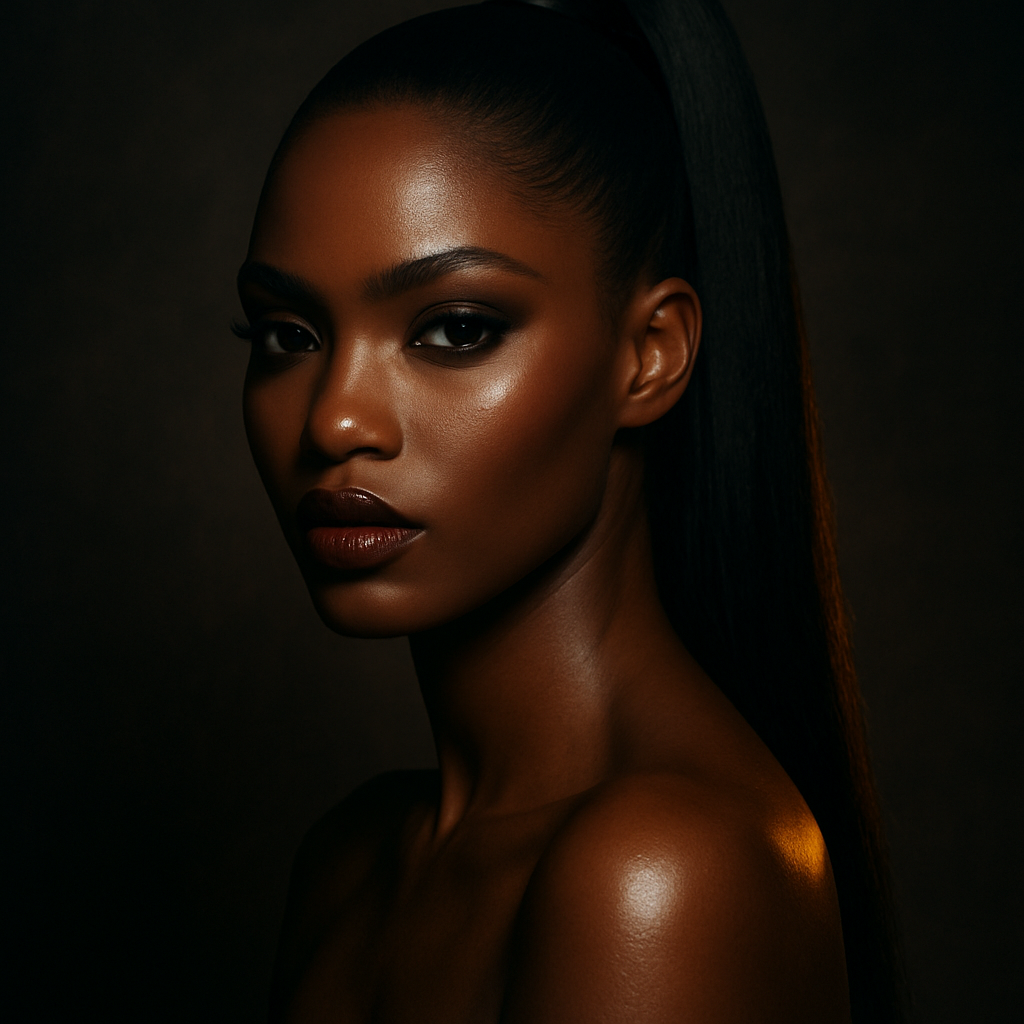 Black woman with a sculpted high ponytail on a dark background