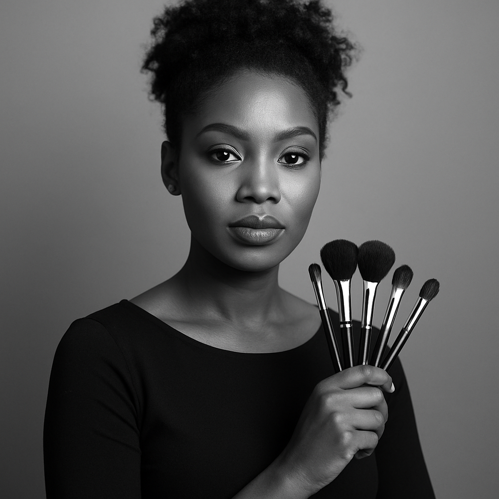 Black and white portrait of a makeup artist holding brushes