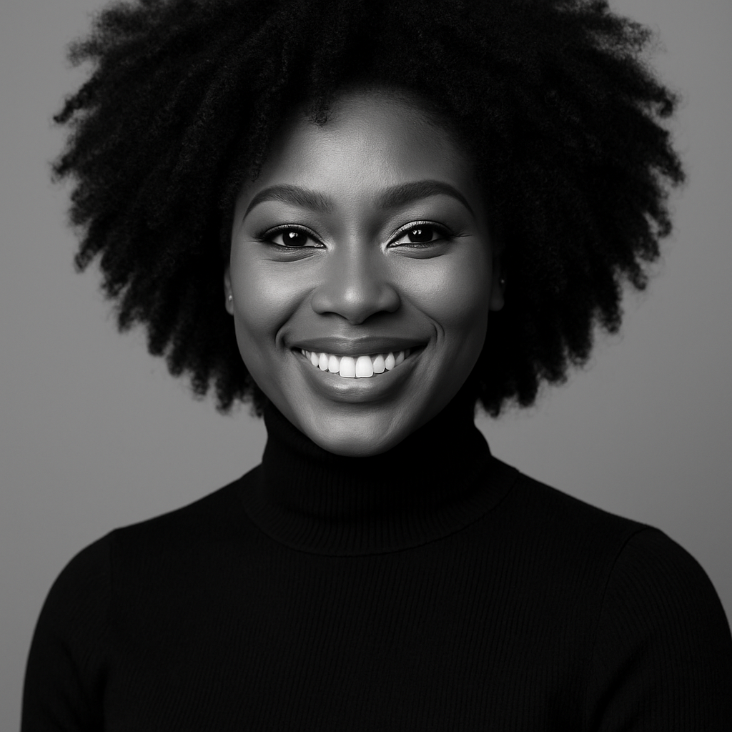 Black and white portrait of a smiling bridal glam artist