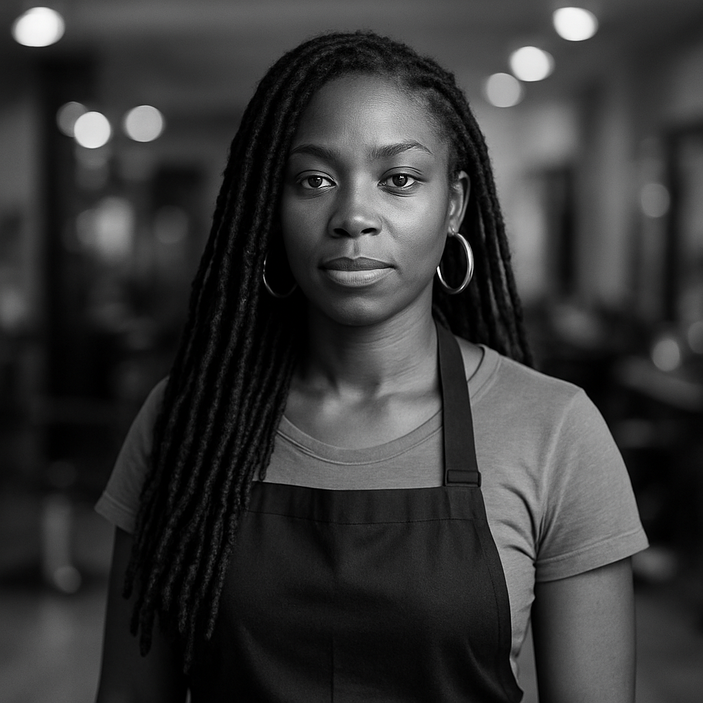 Black and white portrait of a hair stylist in a salon